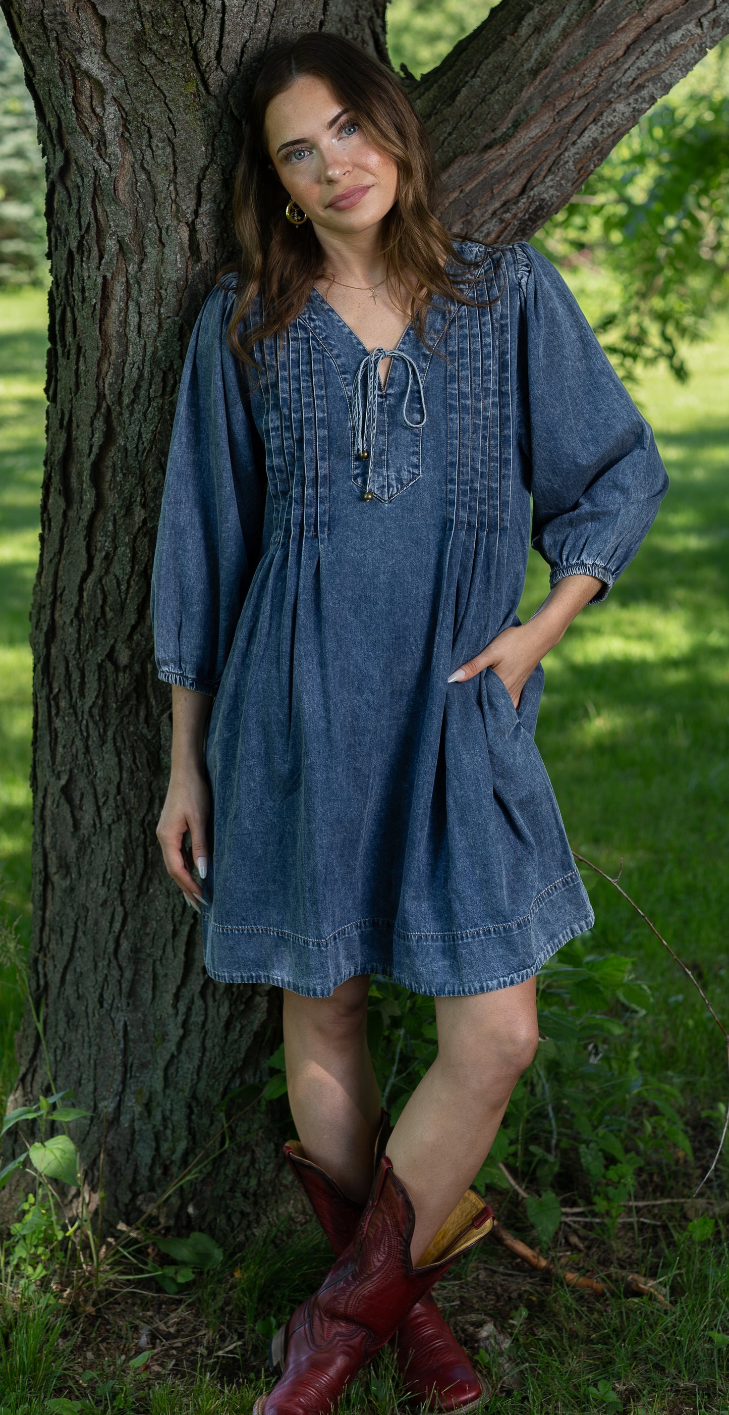 Prairie Pleat Denim Dress